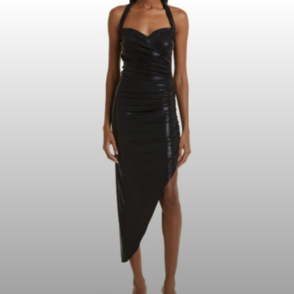 Norma Kamali Cayla Asymmetric Hem Body-Con Dress Black Shiny